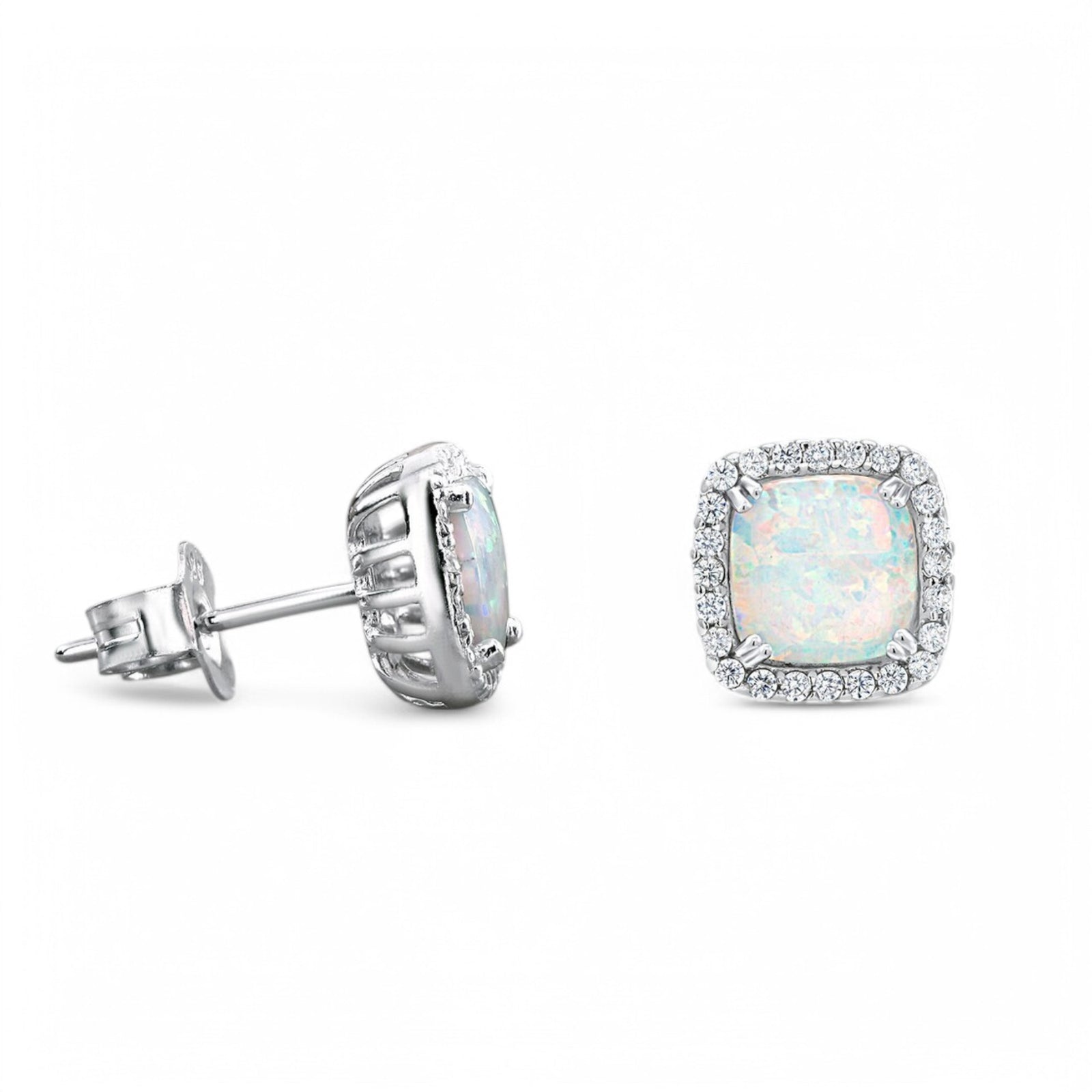 Square Opal Halo Stud Earrings - GEMPARA