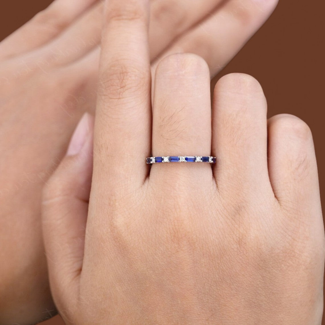 Baguette Blue Sapphire Half Eternity Ring - GEMPARA