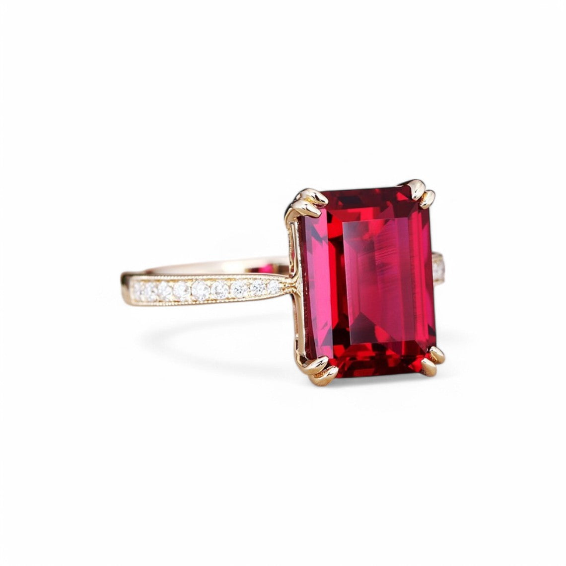 Emerald-Cut Lab-Created Ruby Ring with Diamond Accents - GEMPARA