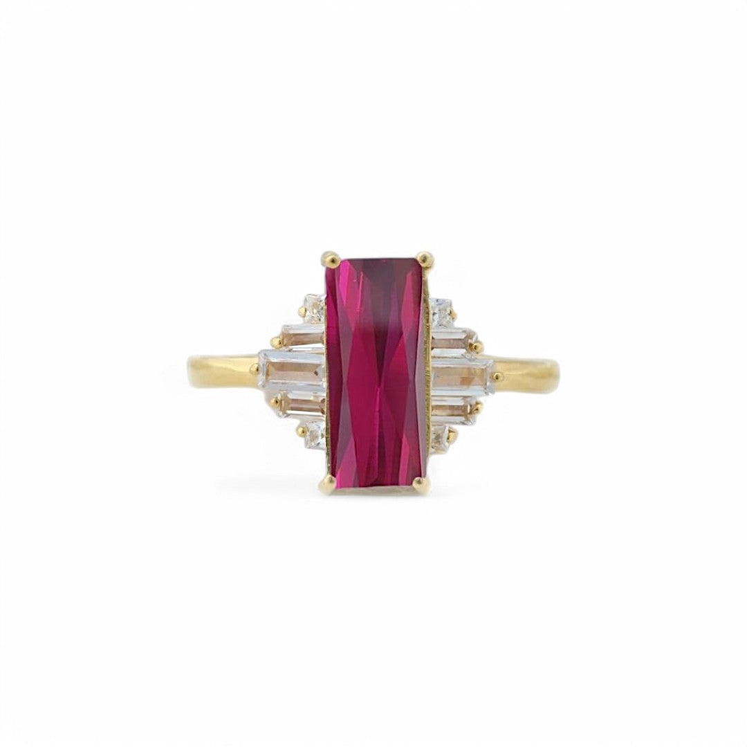 Victorian Elongated Emerald cut Lab Ruby Engagement Ring