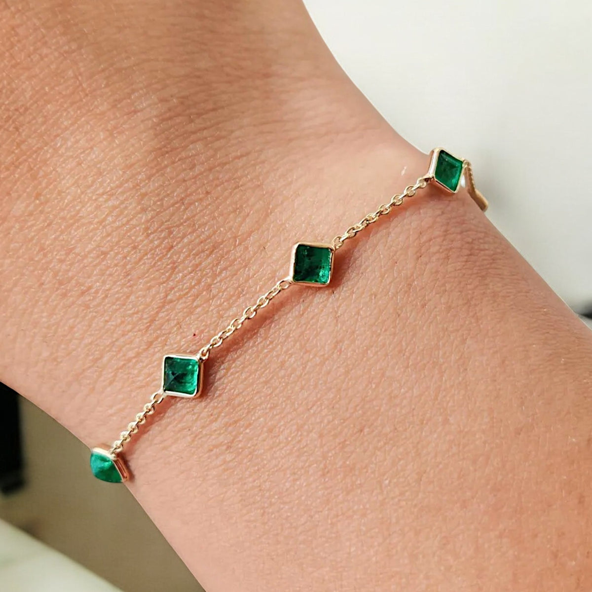 Lab Emerald Square-Cut Link Chain Bracelet