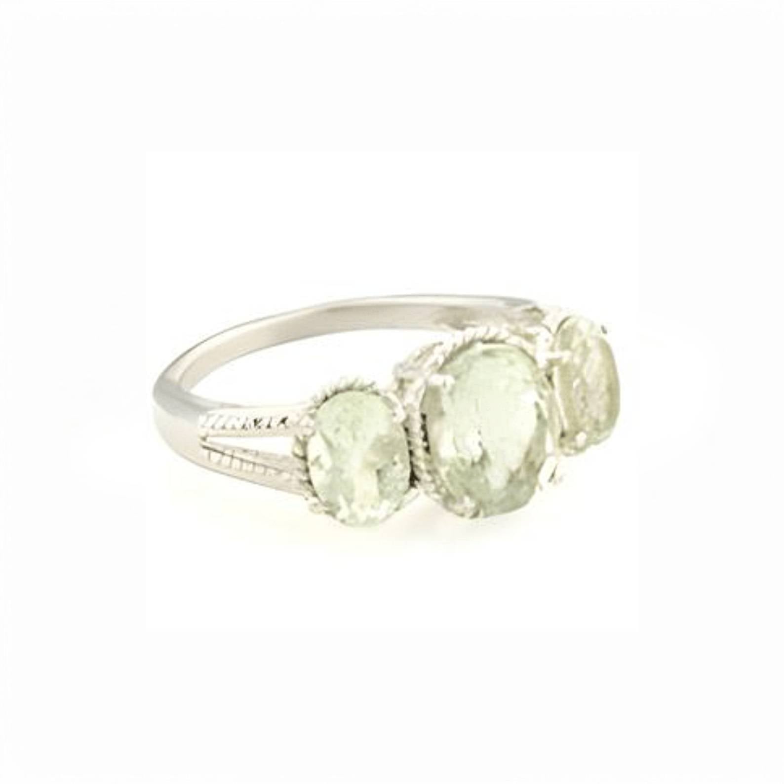 Silver 1CT Oval Green Amethyst Three stone Ring - GEMPARA