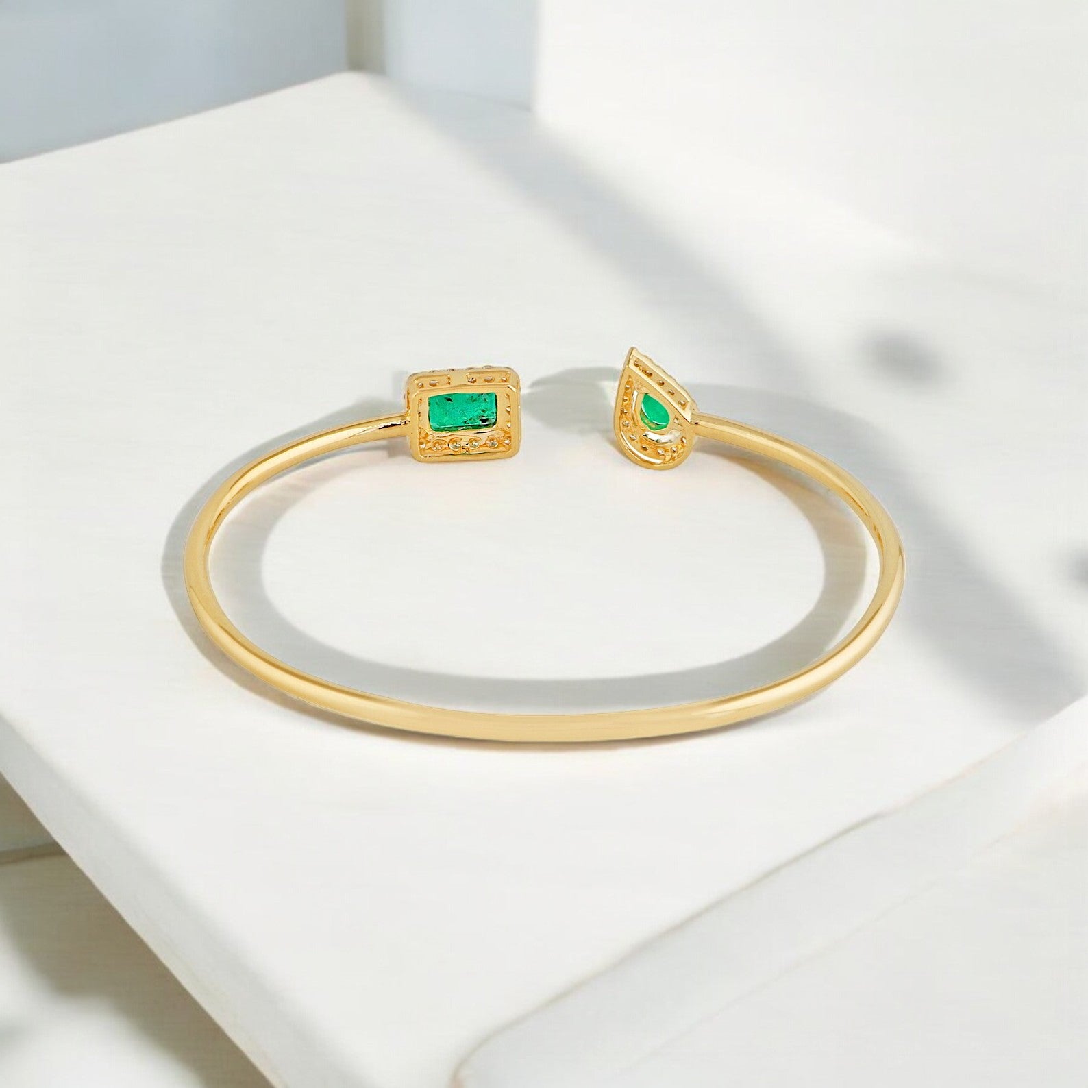 Emerald & Diamond Halo Cuff Bangle - GEMPARA