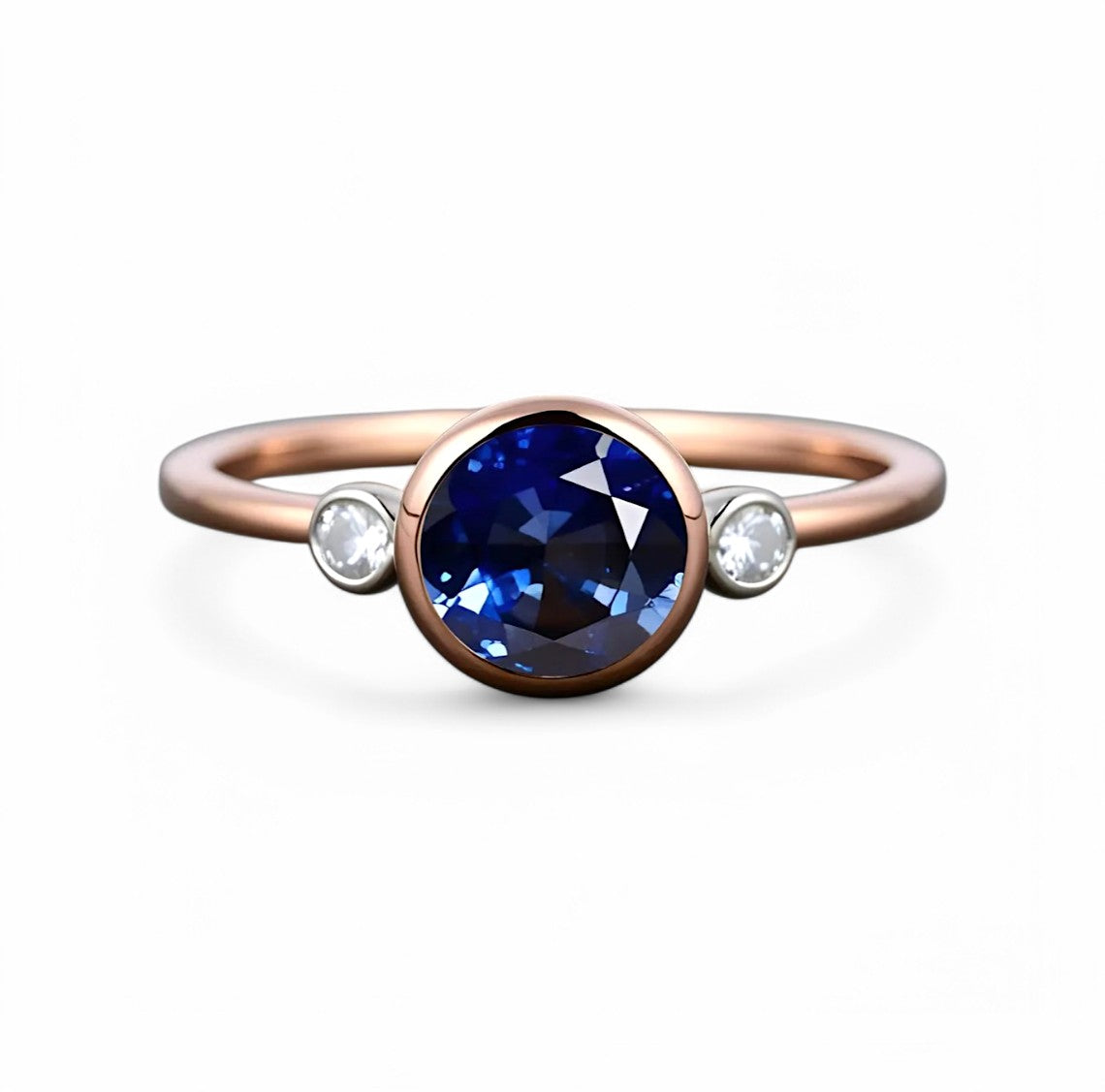 Round Blue Sapphire Bezel Ring with Diamond Accents - GEMPARA