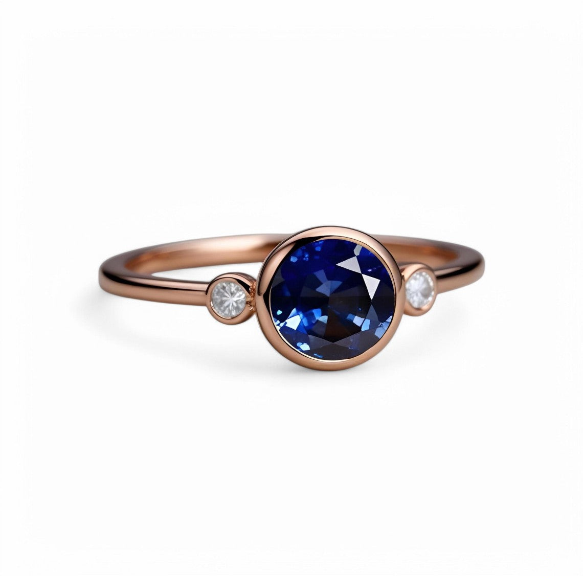 Round Blue Sapphire Bezel Ring with Diamond Accents - GEMPARA