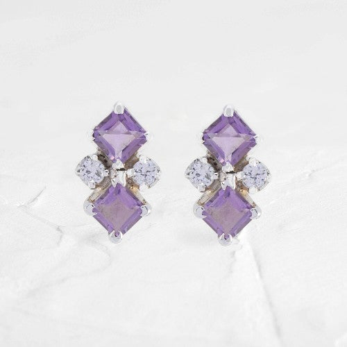 Silver Ascher cut Amethyst & Moissanite Earrings - GEMPARA