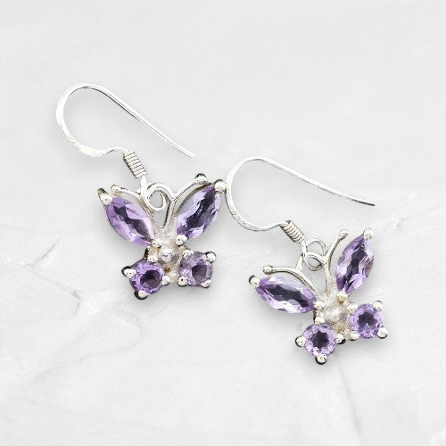 Silver Amethyst Butterfly Silhouette Earrings - GEMPARA