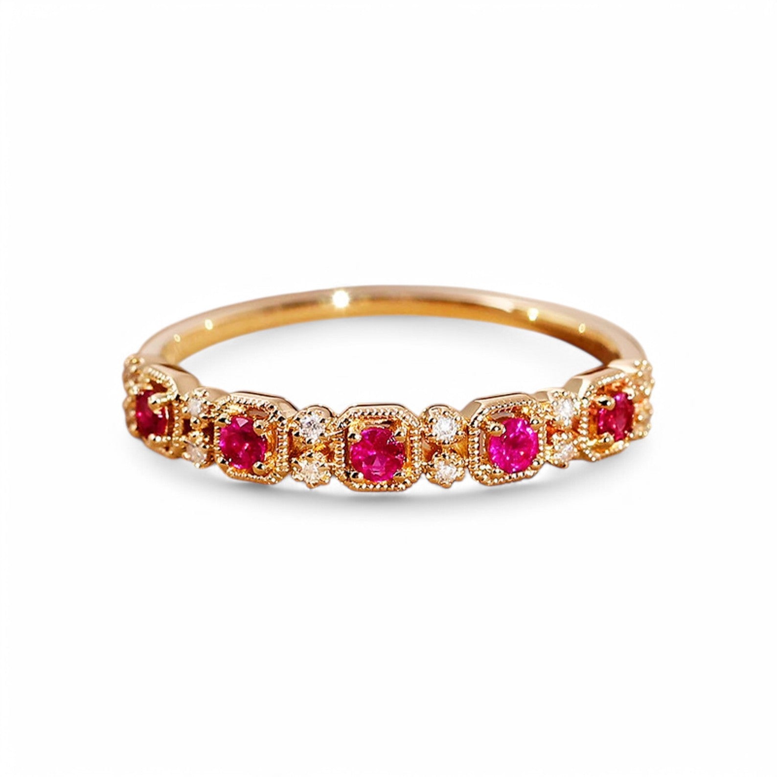 5-Stone Round cut Milgrain Lab Ruby Half Eternity Ring - GEMPARA