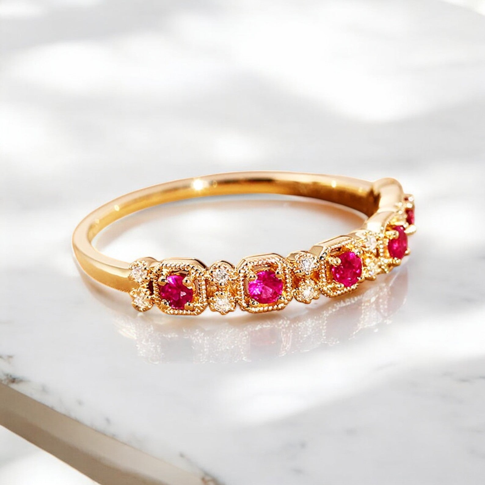 5-Stone Round cut Milgrain Lab Ruby Half Eternity Ring - GEMPARA