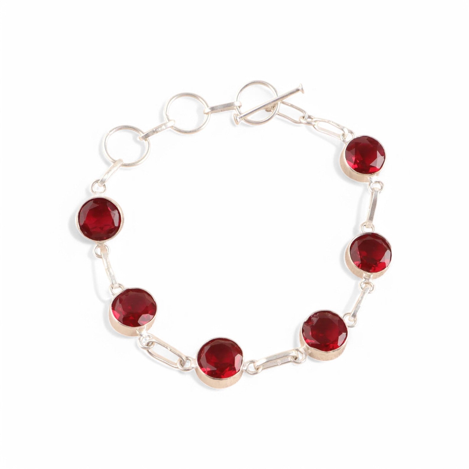 Silver Round cut Garnet Bezel Link Bracelet - GEMPARA
