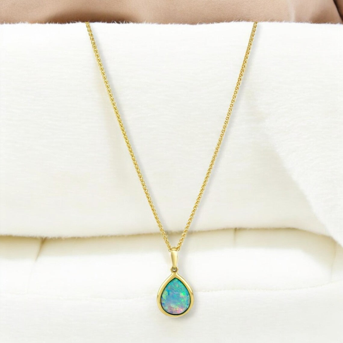 9CT Pear cut Opal Solitaire Pendant Necklace - GEMPARA