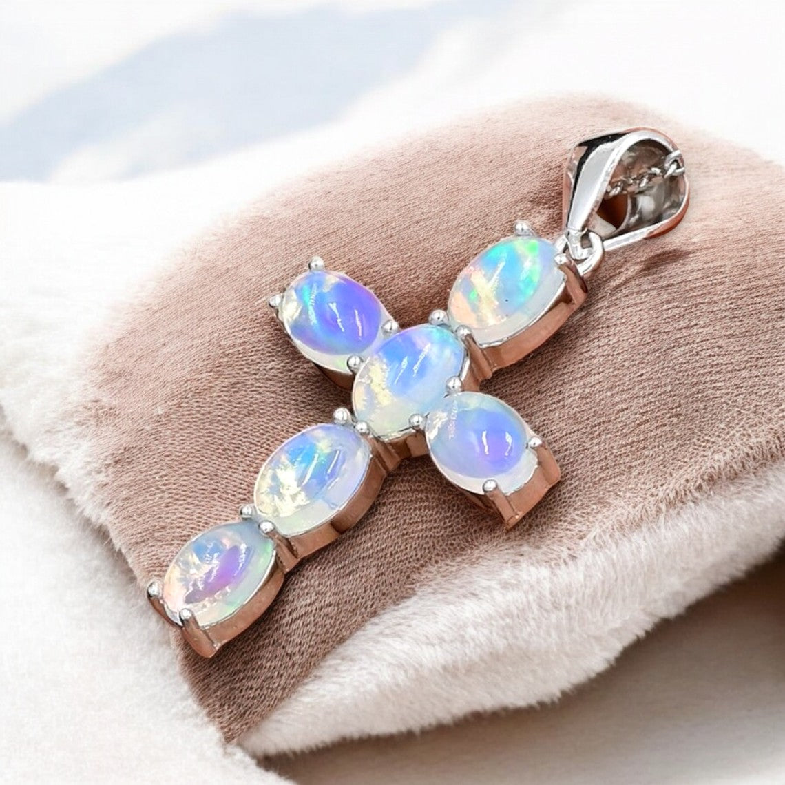 2CT Oval Cabochon Opal Cross Pendant Necklace - GEMPARA