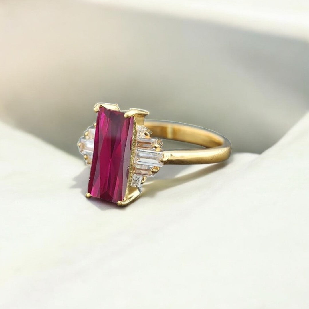 Victorian Elongated Emerald cut Lab Ruby Engagement Ring - GEMPARA