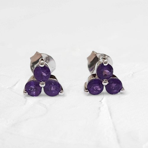 Silver Round cut Amethyst Studs - GEMPARA