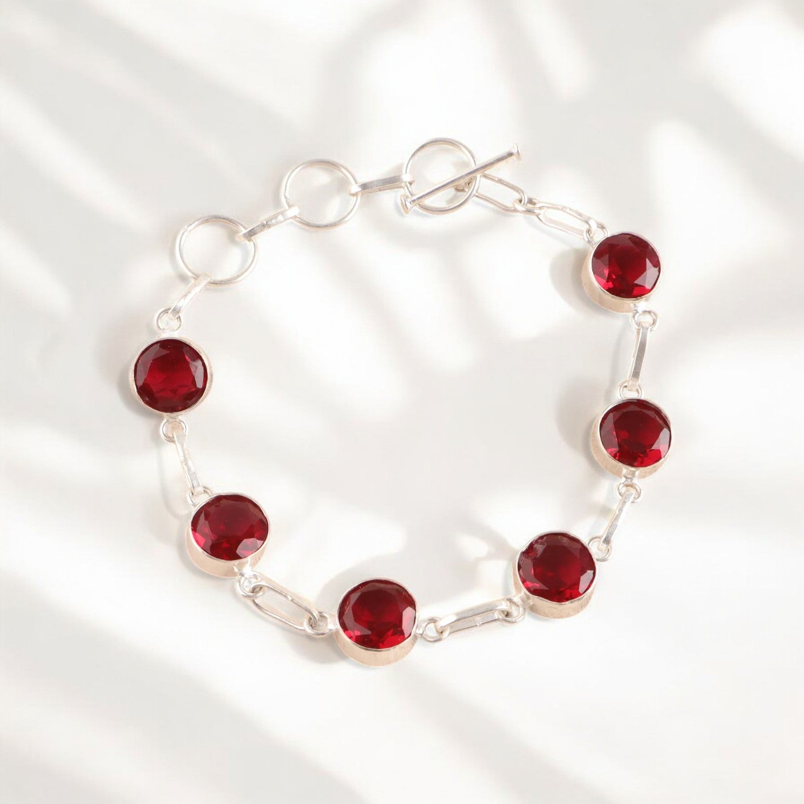 Silver Round cut Garnet Bezel Link Bracelet - GEMPARA