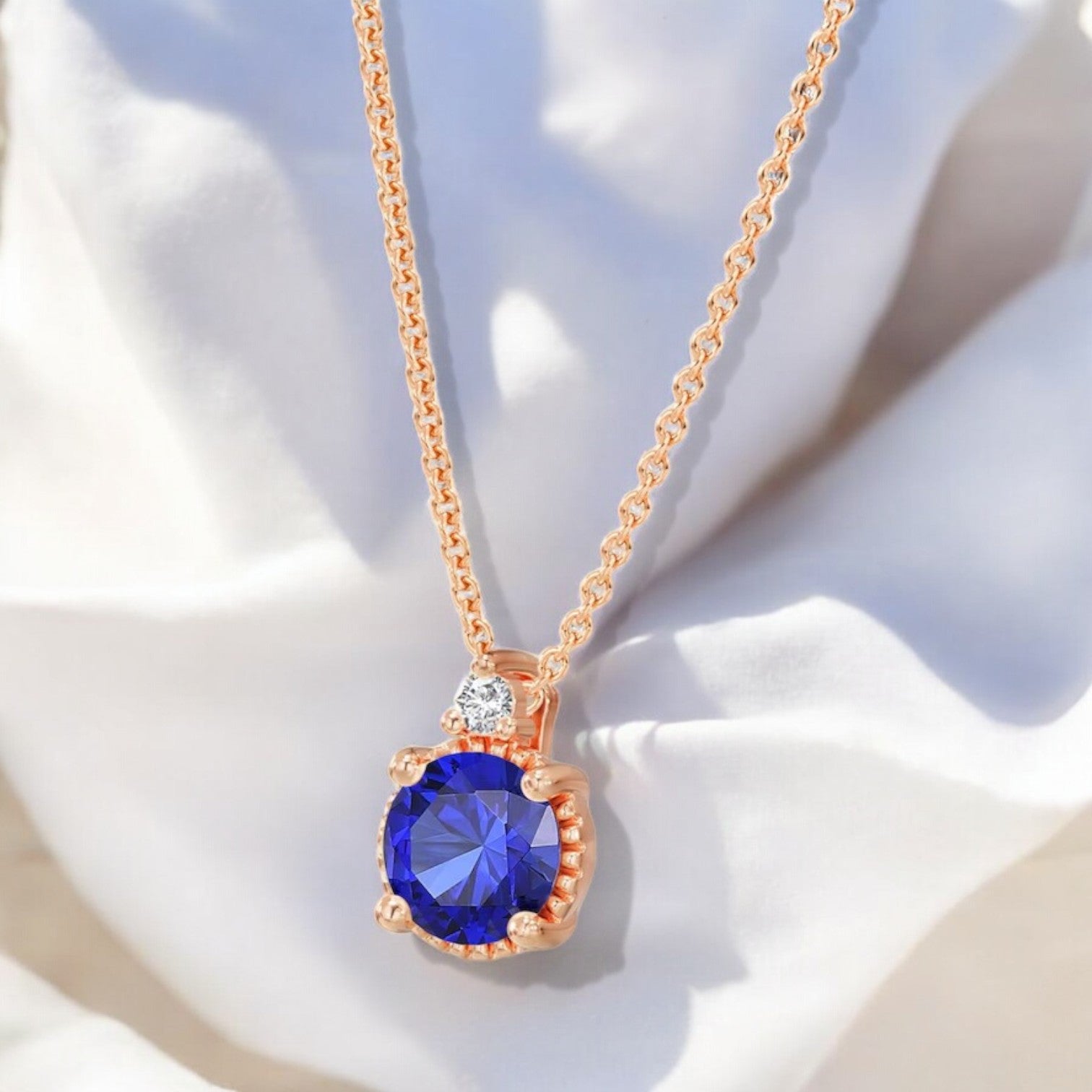 Round cut Lab Blue Sapphire Two Stone Pendent - GEMPARA