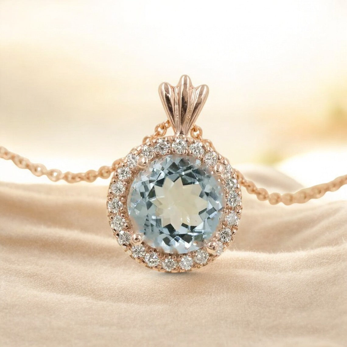 Elegant2.3CT  Aquamarine & Diamond Halo Pendant - GEMPARA