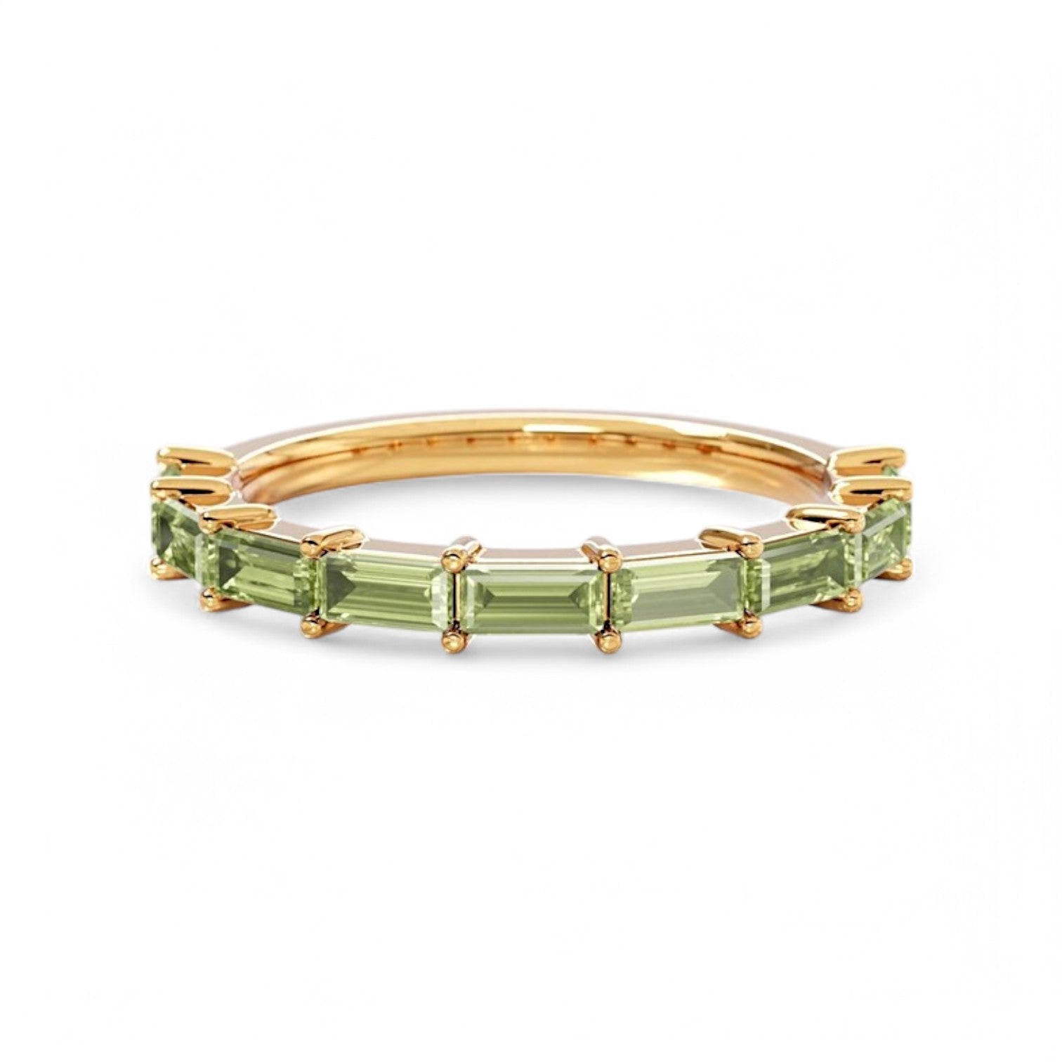 Minimalist Baguette - Cut Peridot Wedding Ring – Dainty Stackable Band - GEMPARA