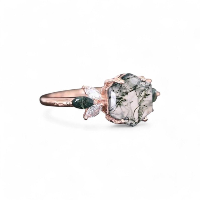 Moss Agate hexagon ring - GEMPARA