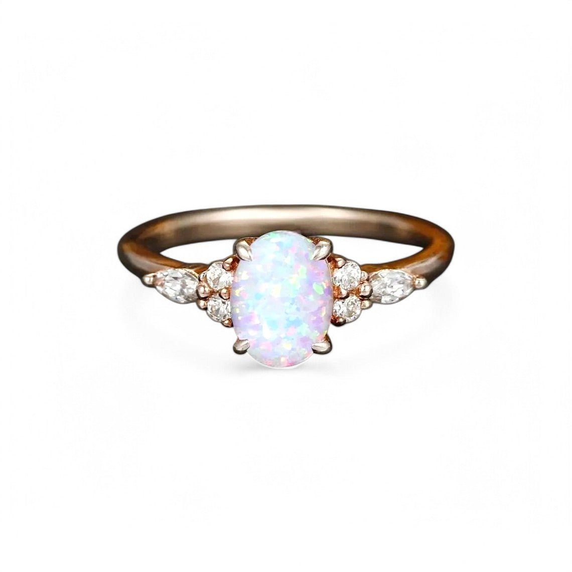 Oval cut Opal and Moissanite Ring - GEMPARA