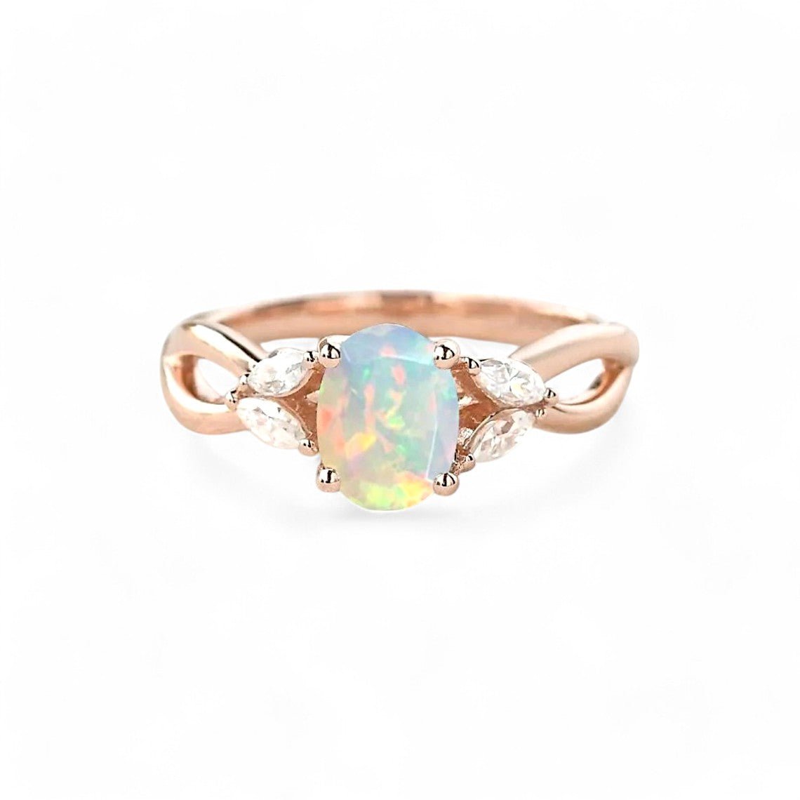 Oval cut Opal and Moissanite Twist Ring - GEMPARA