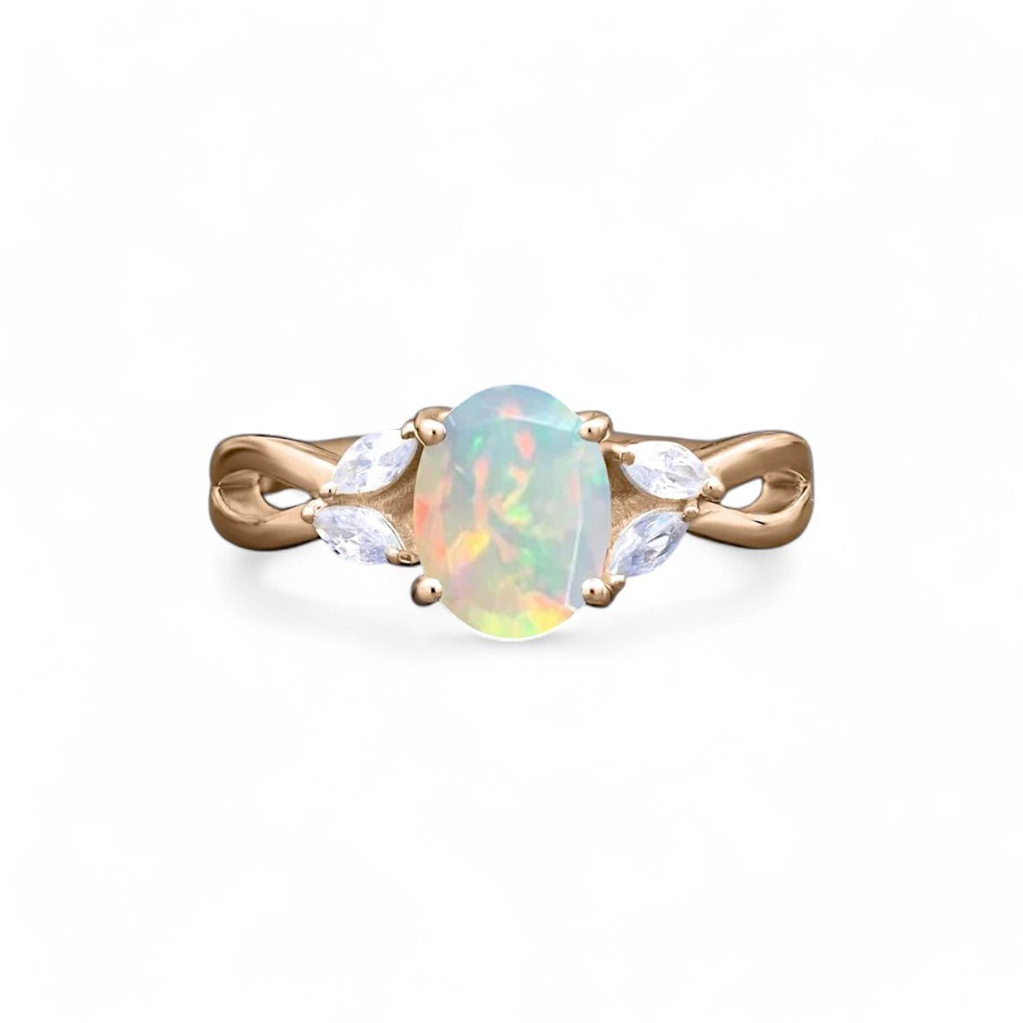 Oval cut Opal and Moissanite Twist Ring - GEMPARA